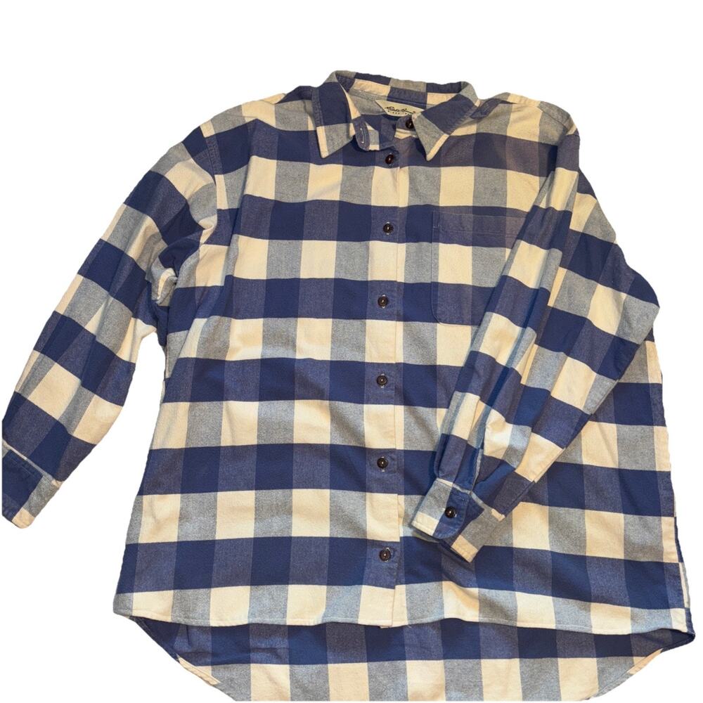 Eddie‎ Bauer Shirt Womens Large Blue Plaid Button Up Flannel Outdoors Shirt